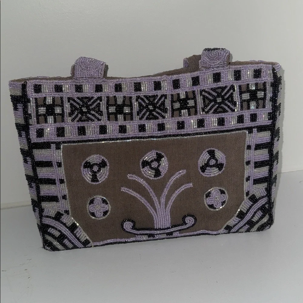 Beaded Ipa Nima  Bag in Taupe and Lilac. made in Vietnam. - Picture 3 of 6